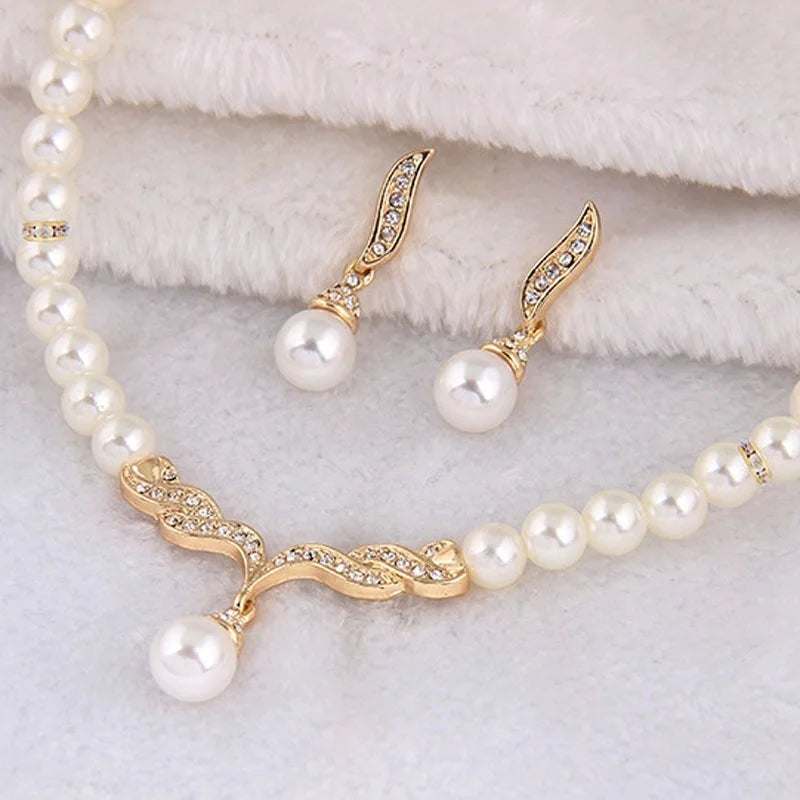 Bridal Pearl Necklace & Earrings Set - Gold Tone Wedding Jewelry