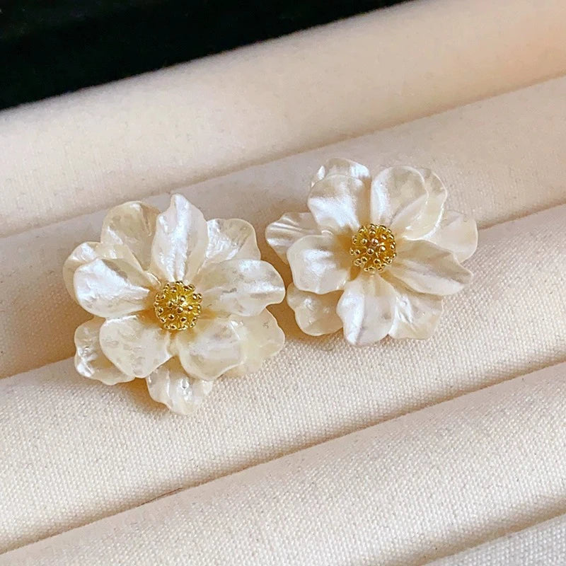 White Camellia Flower Stud Earrings