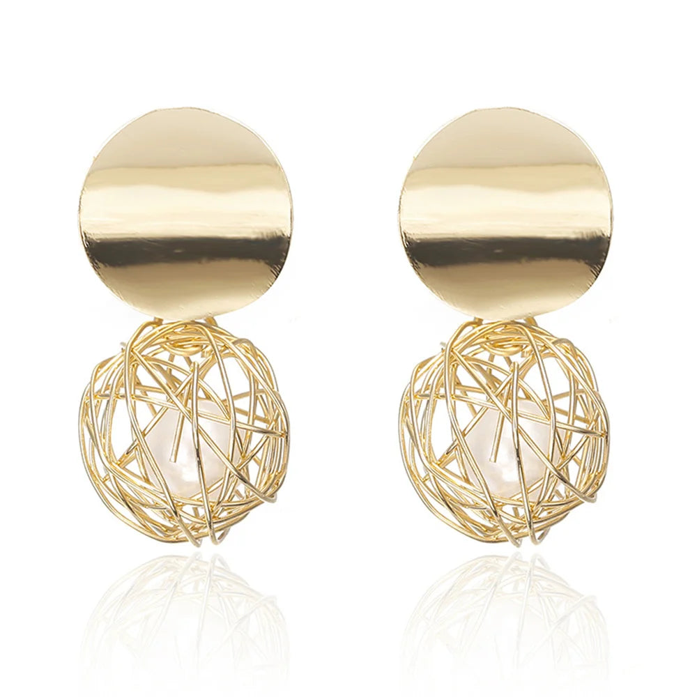 Gold Tone Geometric Ball Drop Earrings