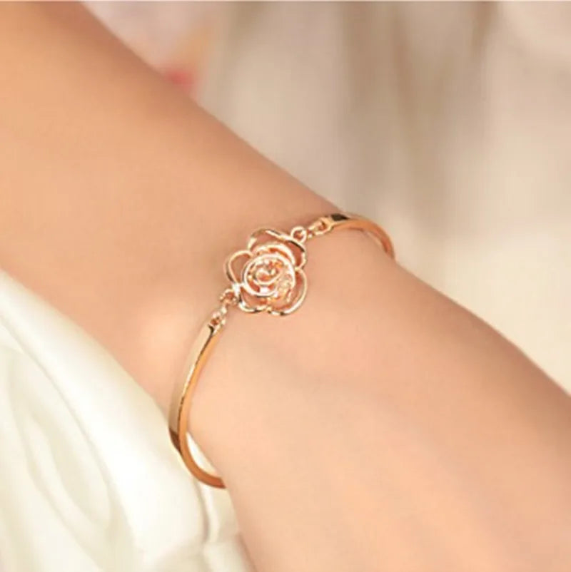 Gold-tone Rose Flower Cuff Bracelet