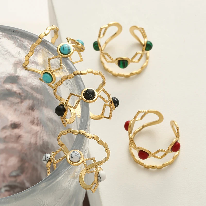Stainless Steel Natural Stone Open Ring