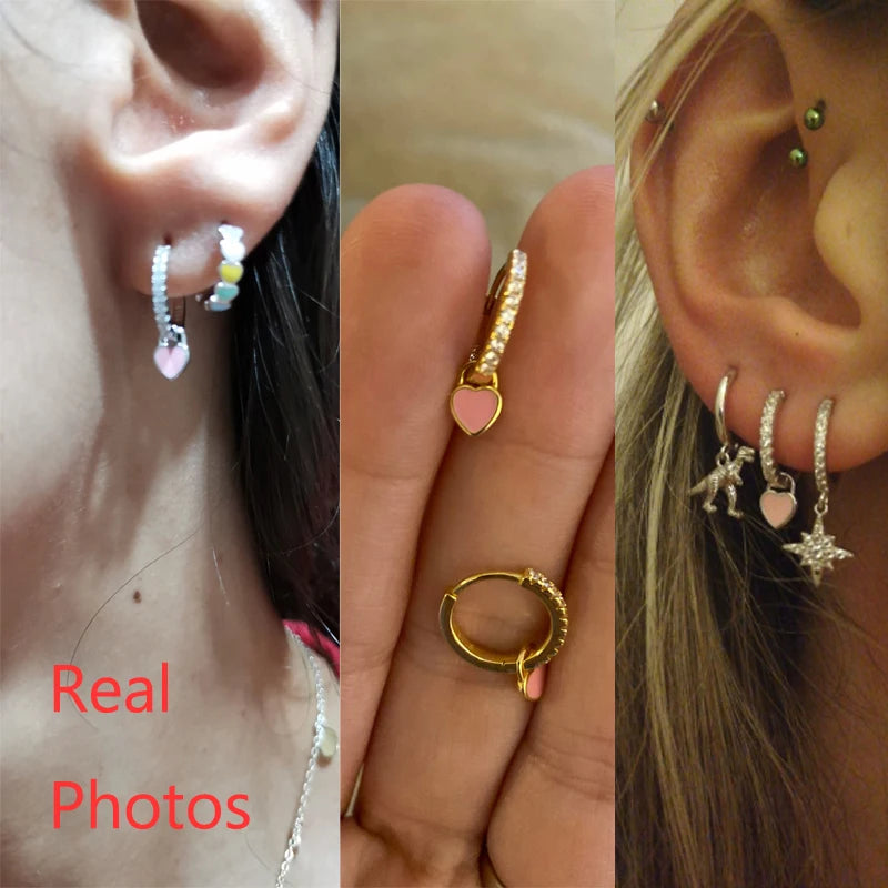 Enamel Heart Charm Hoop Earrings