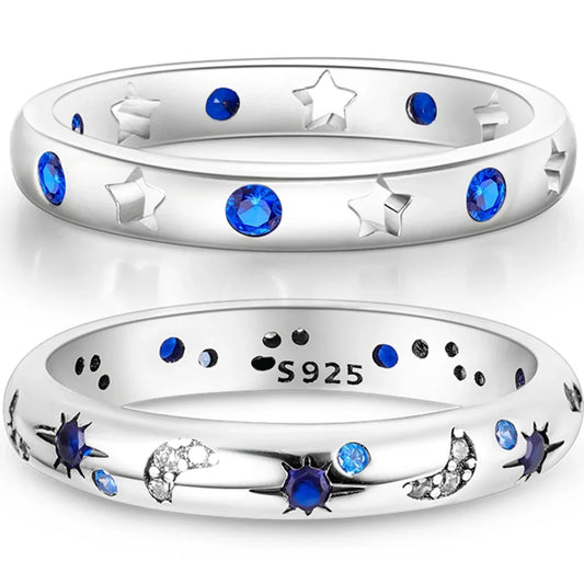 Blue Zircon Star & Moon Ring - 925 Sterling Silver Design