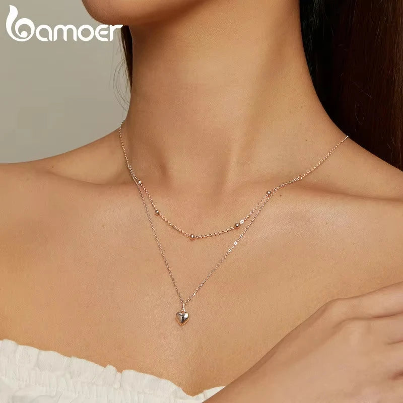 BAMOER 925 Sterling Silver Heart Necklace - Double Layer Choker