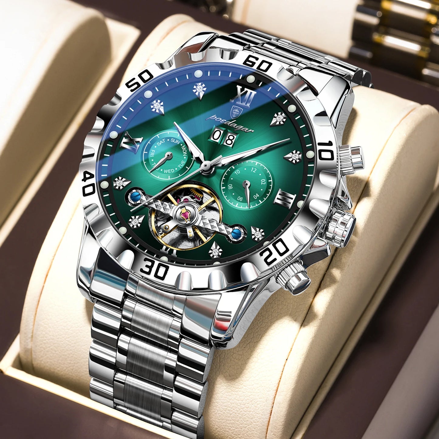 POEDAGAR Automatic Hollow Dial Men's Watch - Date Week Mechanical