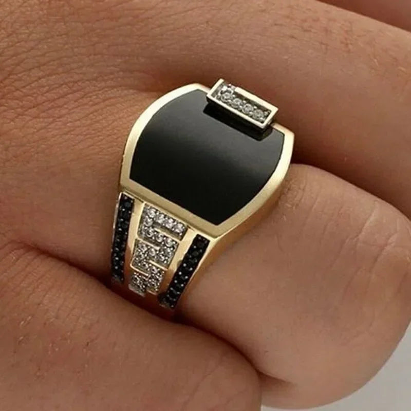 Gold Tone Black Stone Zircon Ring for Men