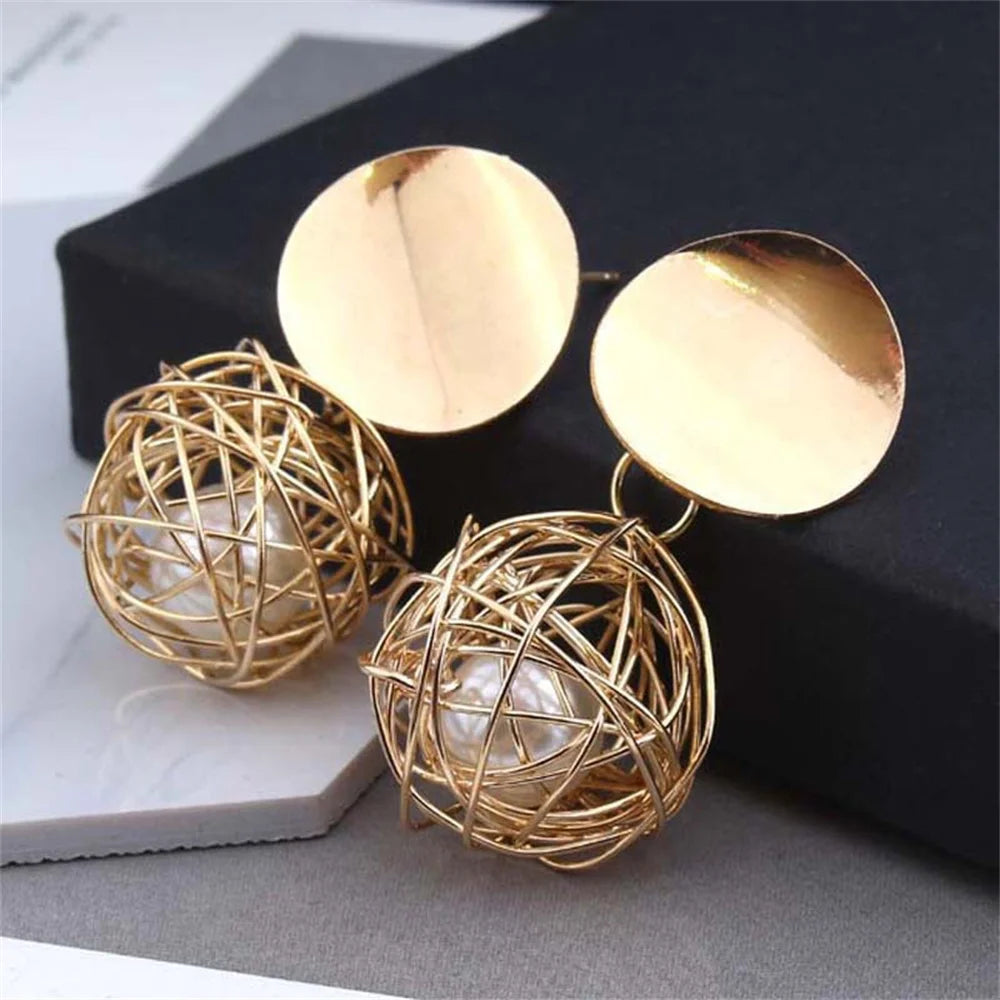 Gold Tone Geometric Ball Drop Earrings