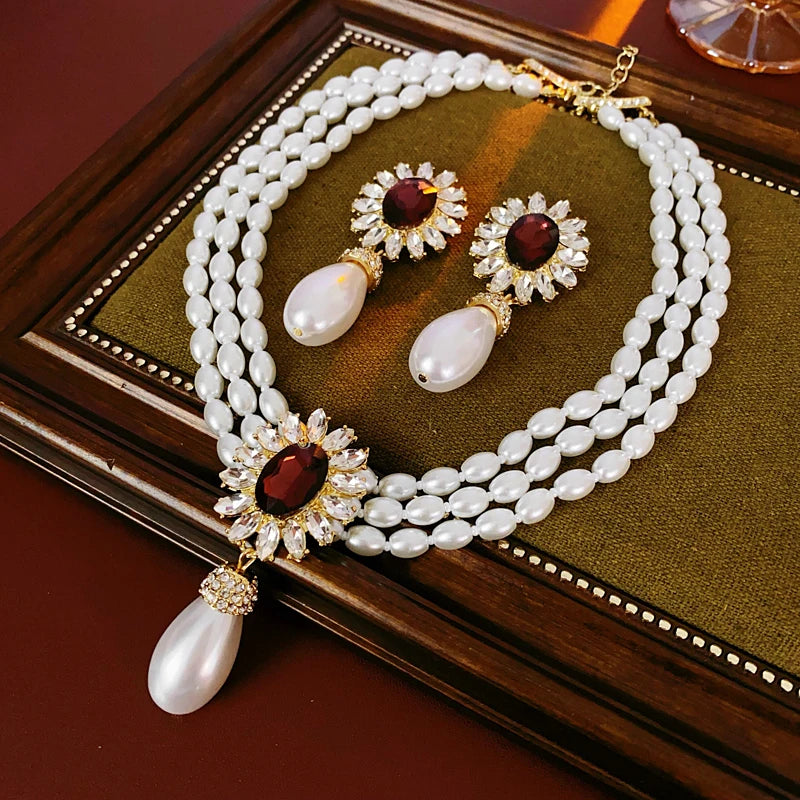 French Style Pearl Necklace & Earrings Set - Rhinestone Flower Design