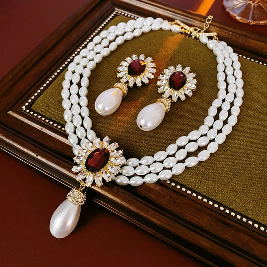 French Style Pearl Necklace & Earrings Set - Rhinestone Flower Design