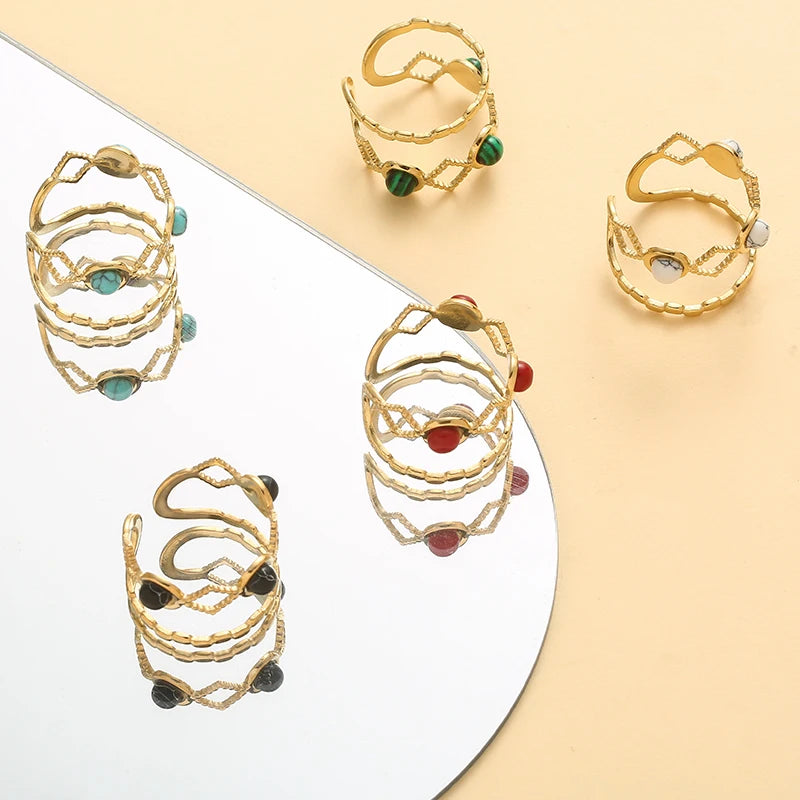 Stainless Steel Natural Stone Open Ring