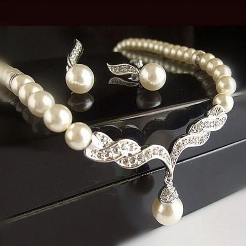 Bridal Pearl Necklace & Earrings Set - Gold Tone Wedding Jewelry