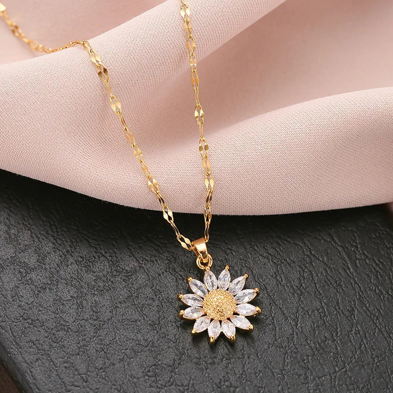Gold Tone Floral Zirconia Pendant Necklace - Titanium Steel Chain