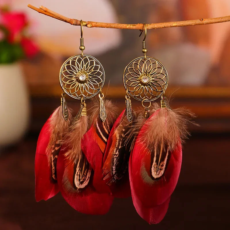 Vintage Boho Leaf Feather Tassel Earrings