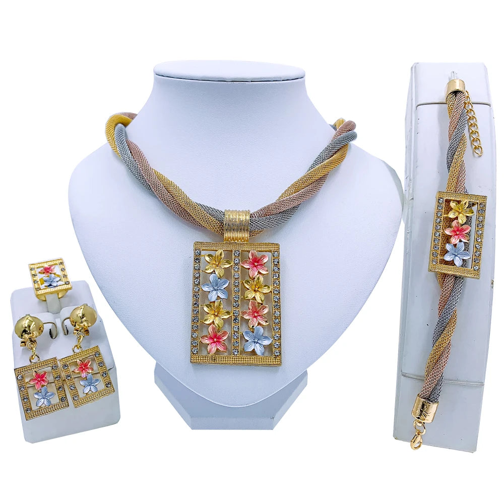 Dubai Gold Floral Jewelry Set - Necklace, Earrings, Bracelet & Ring