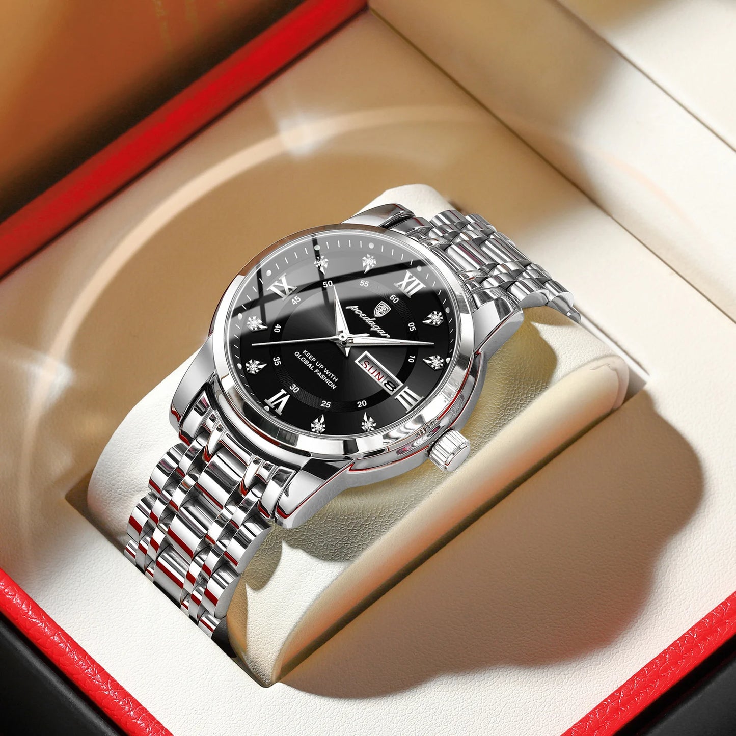 POEDAGAR Luminous Quartz Men's Watch - Date Week Stainless Steel