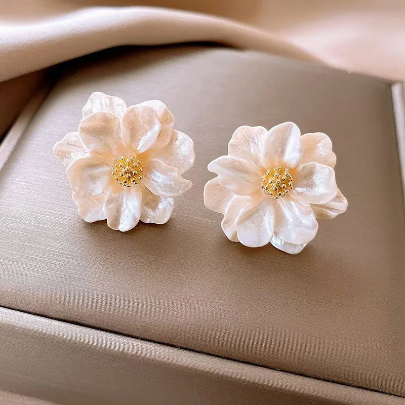 White Camellia Flower Stud Earrings