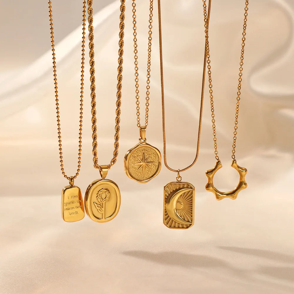 French Vintage Star & Moon Pendant Necklace - 316L Stainless Steel Chain