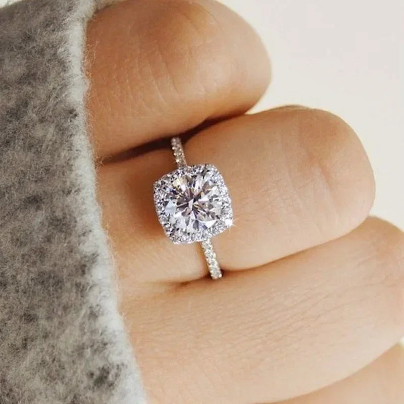 Classic White Zircon Engagement Ring - Silver Tone Bridal Band