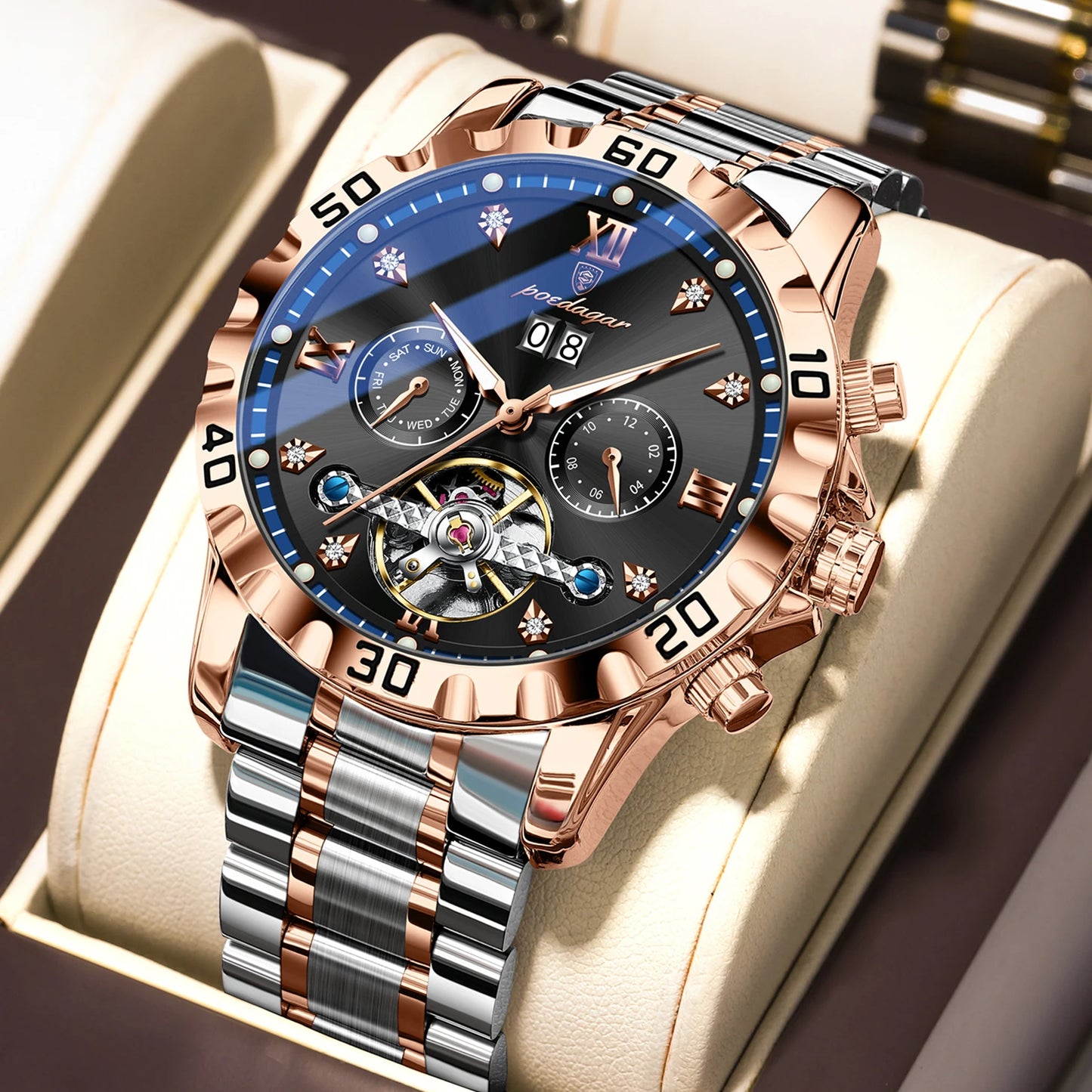 POEDAGAR Automatic Hollow Dial Men's Watch - Date Week Mechanical