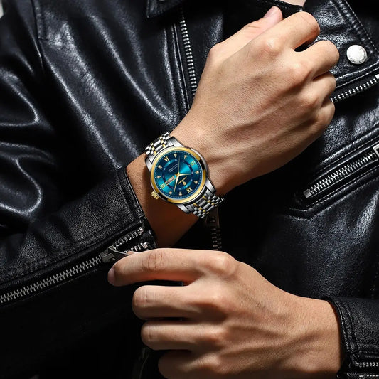 POEDAGAR Luminous Quartz Men's Watch - Date Week Stainless Steel