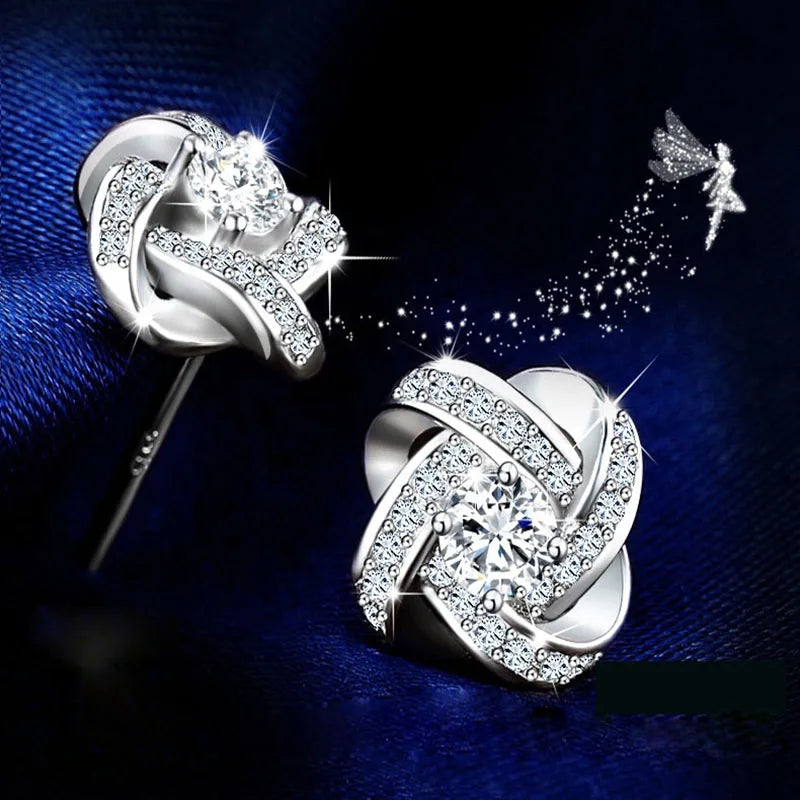 925 Sterling Silver Crystal Knot Flower Stud Earrings