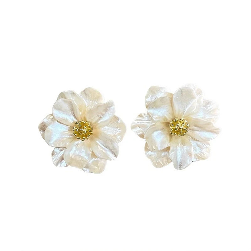White Camellia Flower Stud Earrings