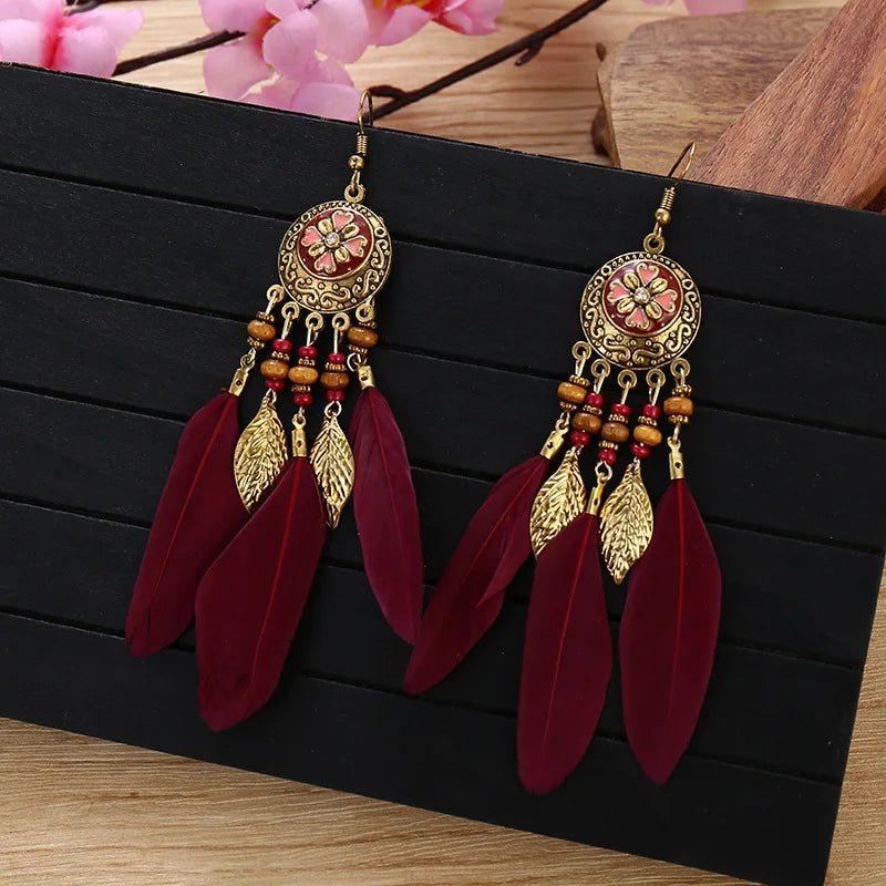 Vintage Boho Leaf Feather Tassel Earrings