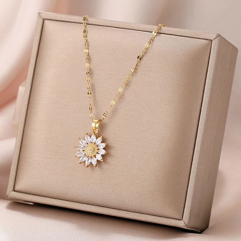 Gold Tone Floral Zirconia Pendant Necklace - Titanium Steel Chain