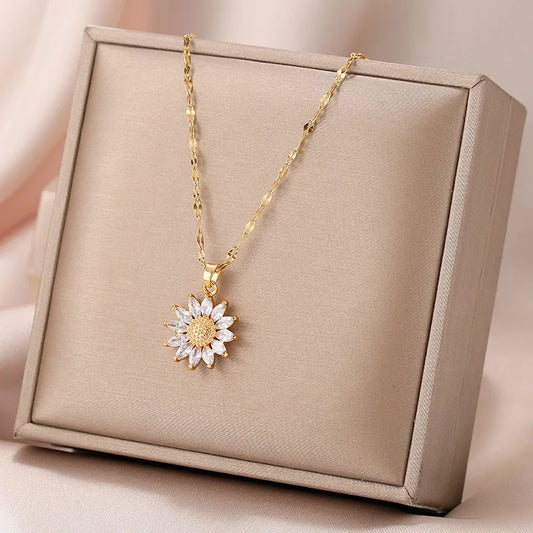 Gold Tone Floral Zirconia Pendant Necklace - Titanium Steel Chain