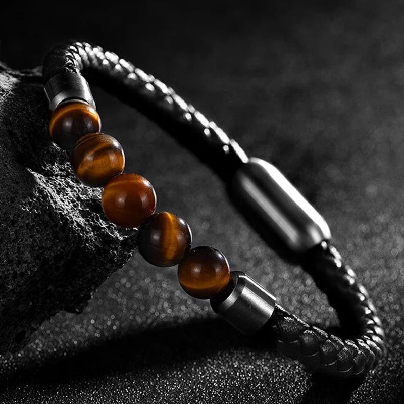 Stainless Steel Leather Chakra Bangle Bracelet