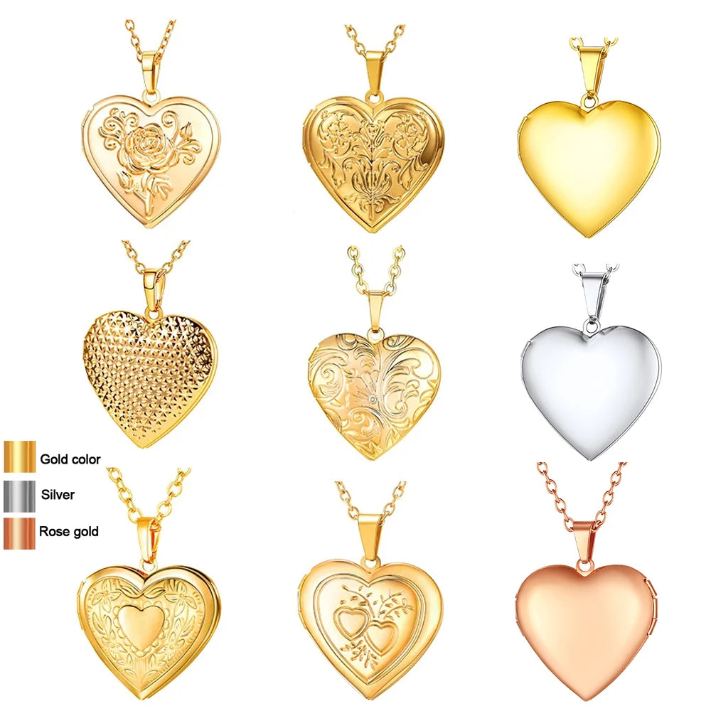 Custom Photo Heart Locket Necklace - Rose Embossed Memorial Jewelry