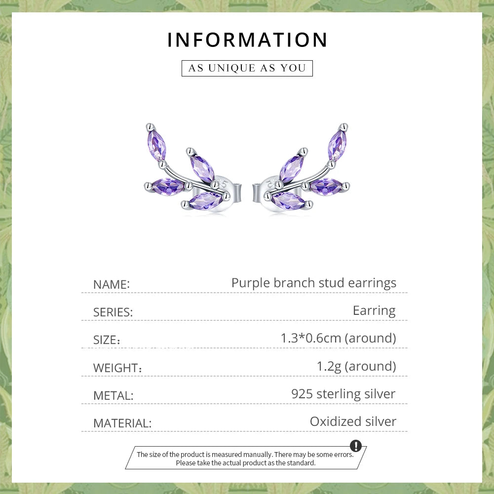 925 Sterling Silver Purple Branch Stud Earrings