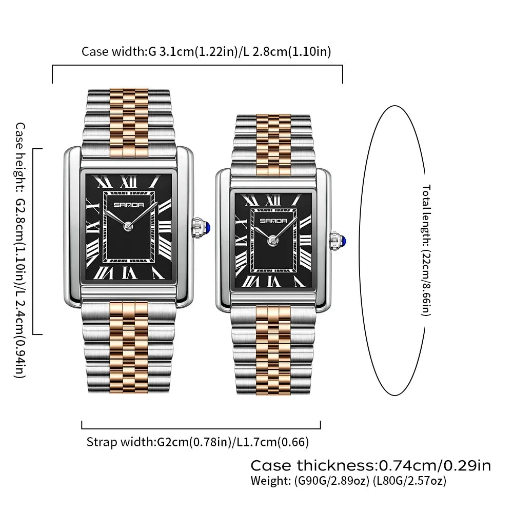 SANDA Couple Tank Quartz Watch - Waterproof Square Dial Set