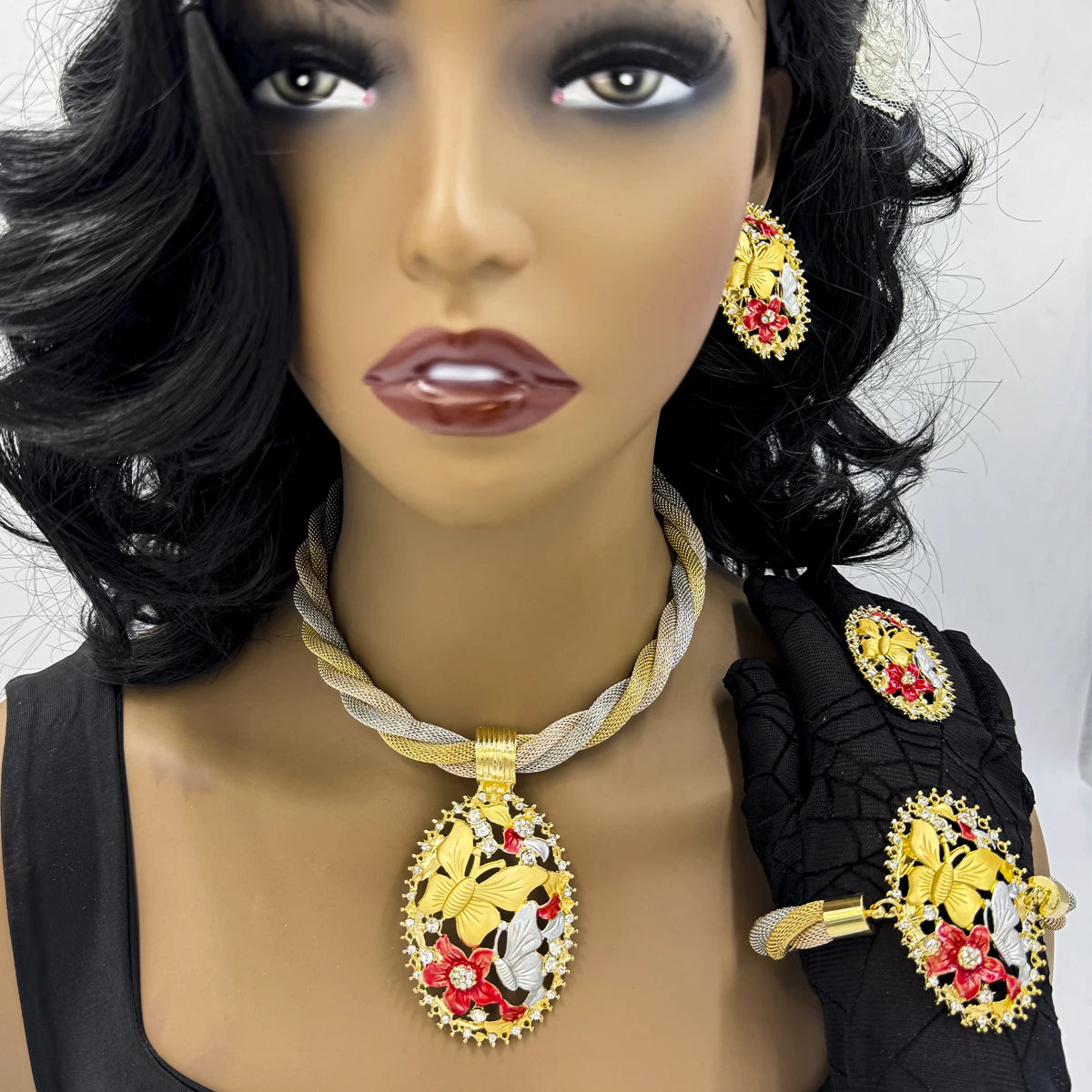 Dubai Gold Floral Jewelry Set - Necklace, Earrings, Bracelet & Ring