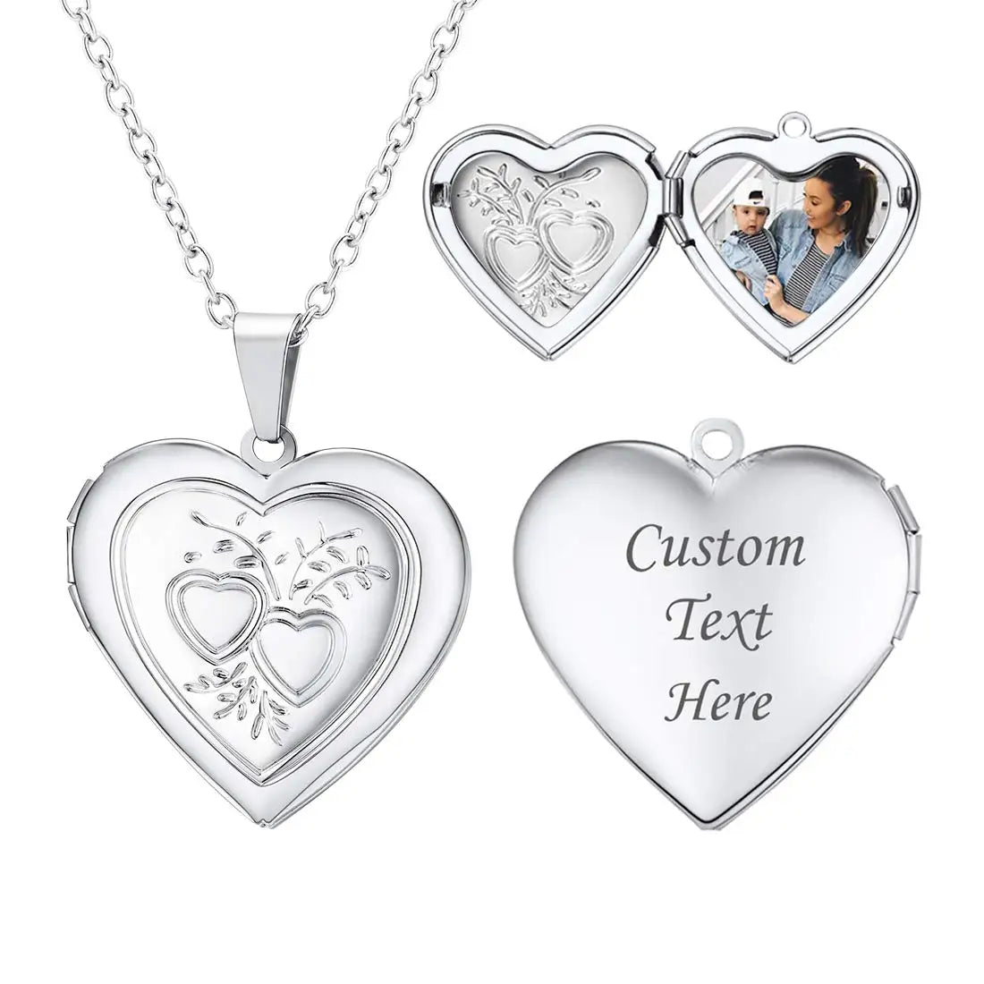 Custom Photo Heart Locket Necklace - Rose Embossed Memorial Jewelry