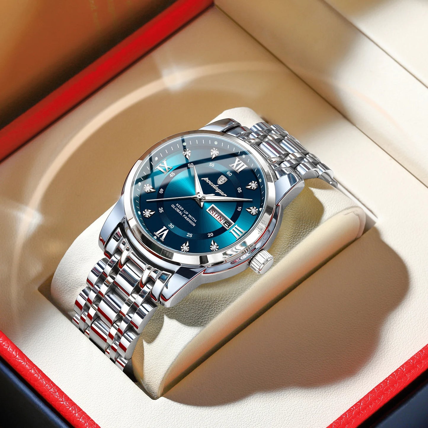 POEDAGAR Luminous Quartz Men's Watch - Date Week Stainless Steel