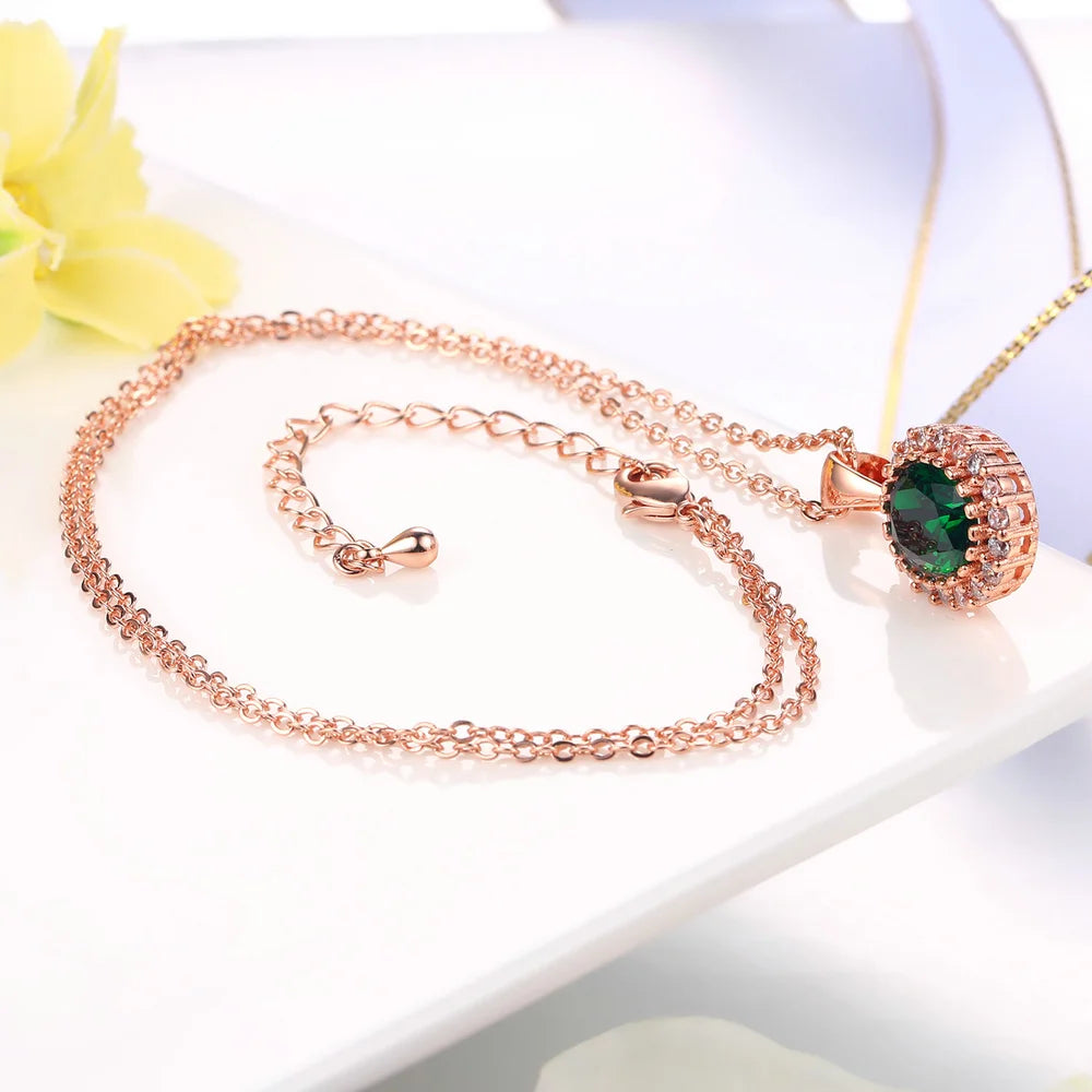Rose Gold Green Crystal Pendant Necklace - Elegant Occasion Jewelry