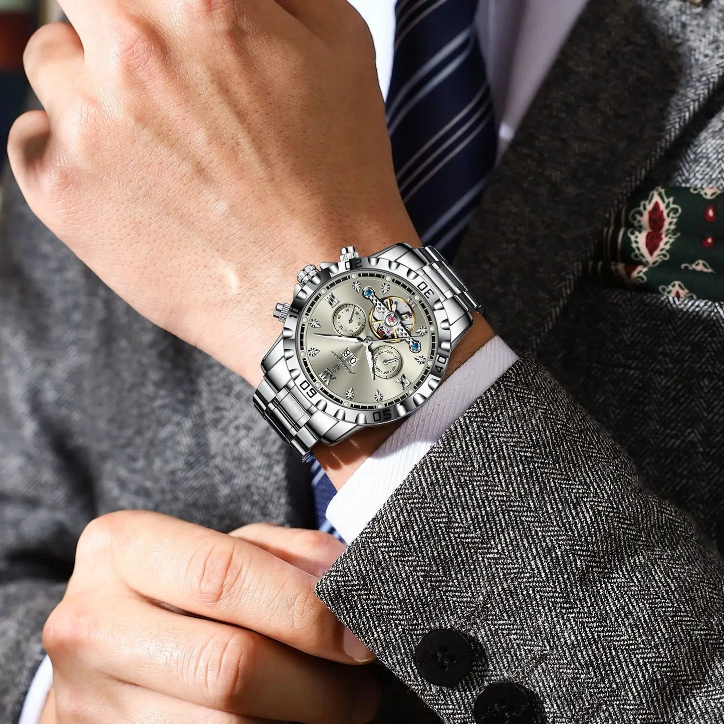 POEDAGAR Automatic Hollow Dial Men's Watch - Date Week Mechanical