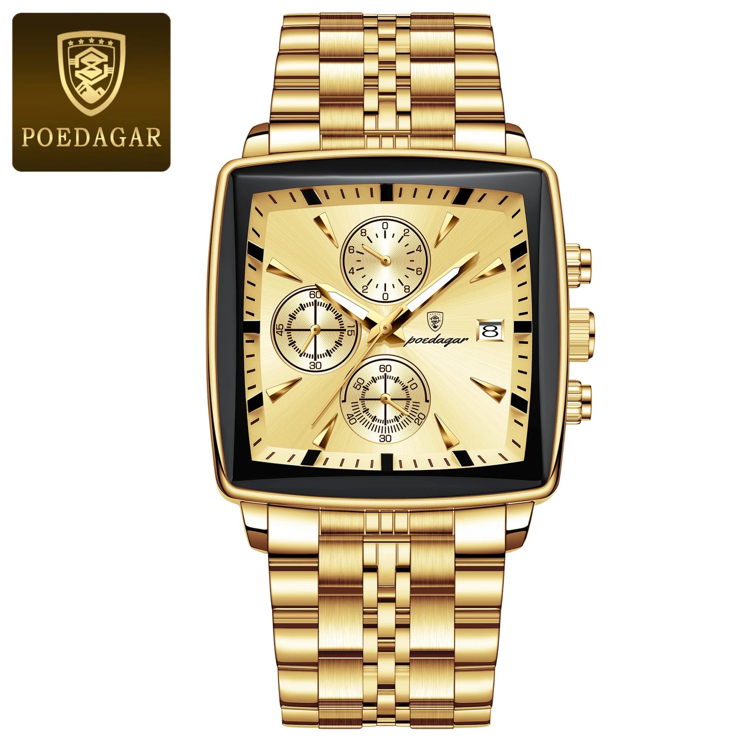POEDAGAR Square Chronograph Men's Watch - Luminous Waterproof Quartz
