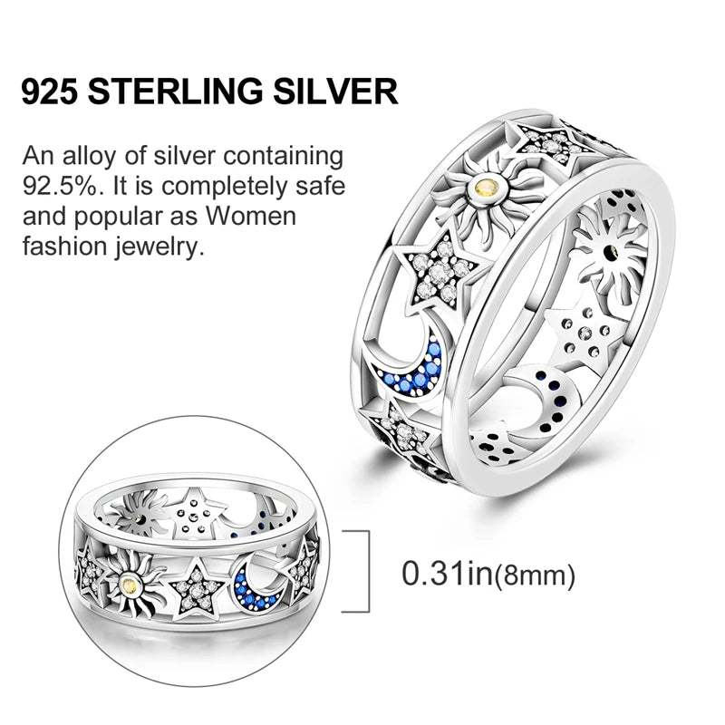 Blue Zircon Star & Moon Ring - 925 Sterling Silver Design