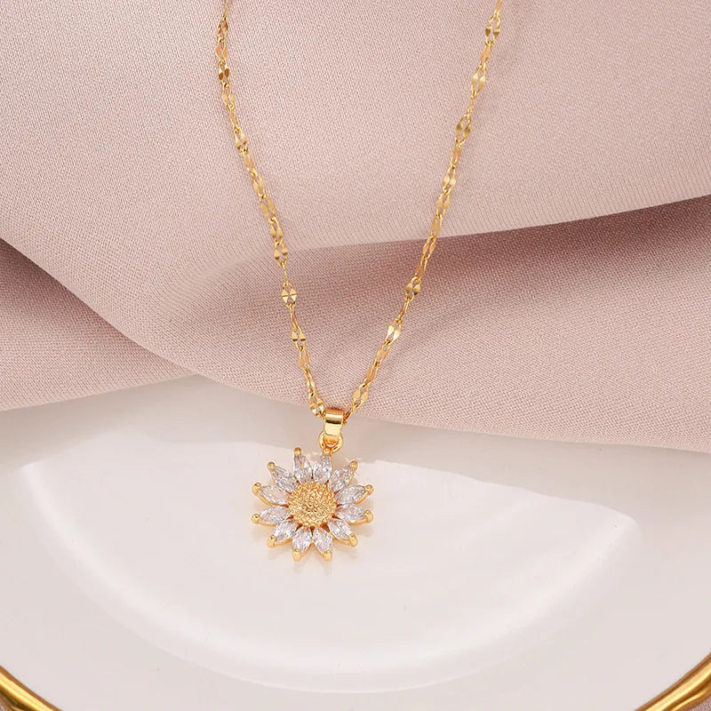 Gold Tone Floral Zirconia Pendant Necklace - Titanium Steel Chain