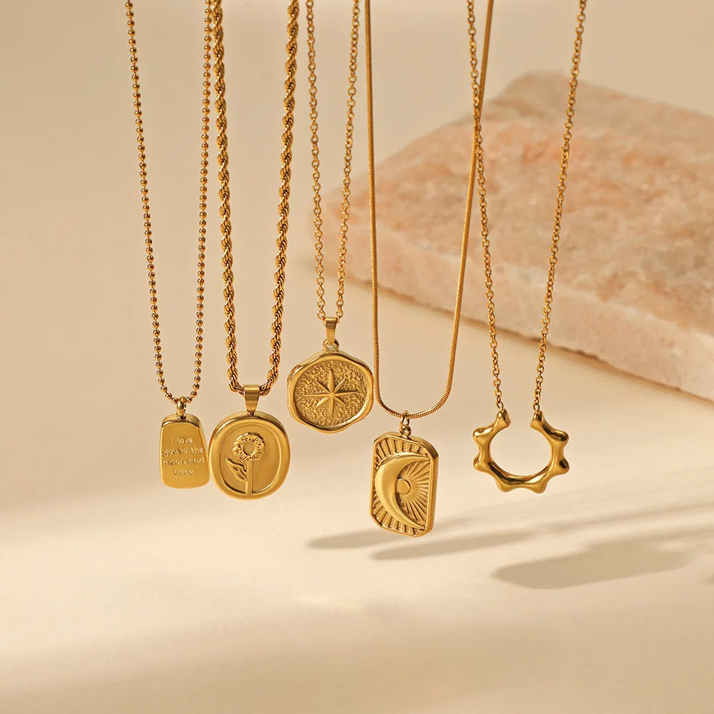 French Vintage Star & Moon Pendant Necklace - 316L Stainless Steel Chain