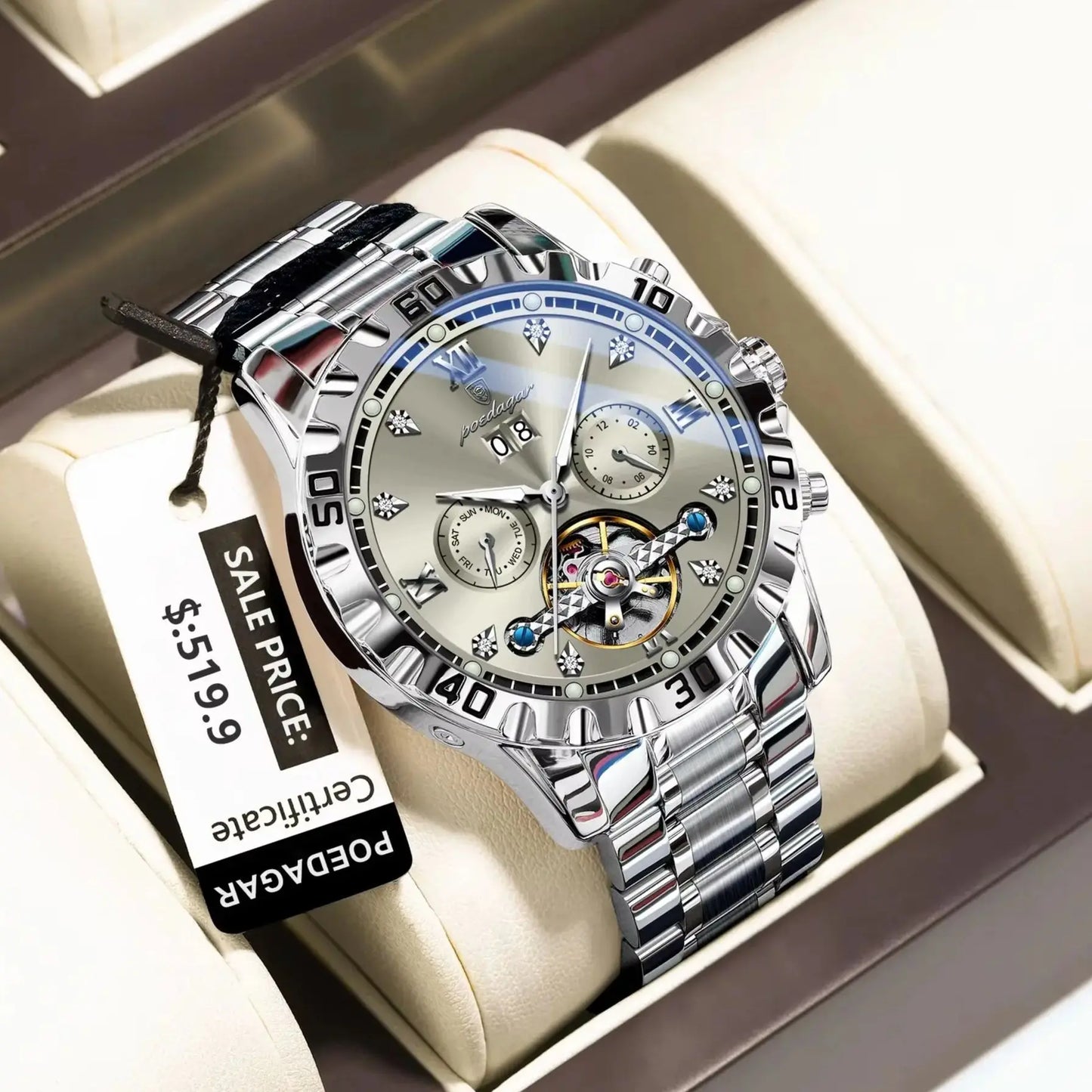 POEDAGAR Automatic Hollow Dial Men's Watch - Date Week Mechanical