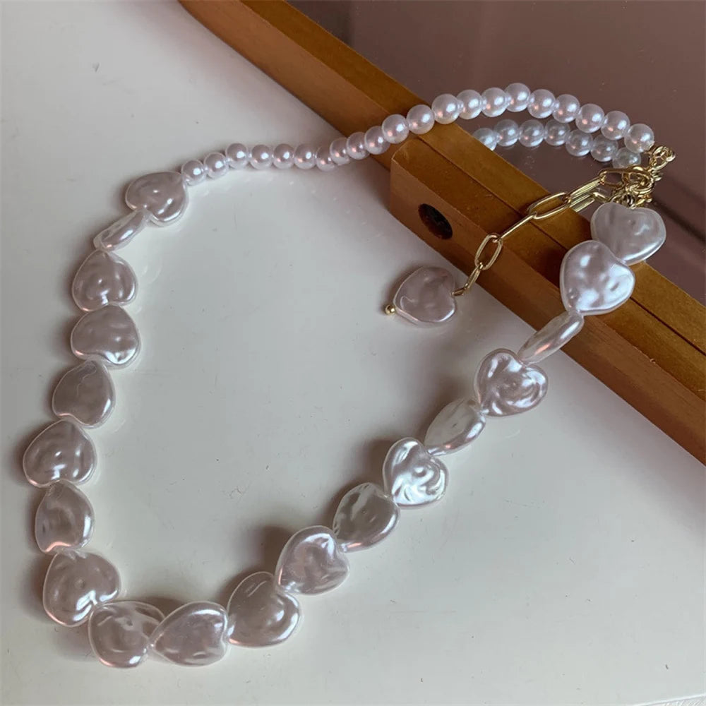 Irregular Pearl Heart Layered Necklace - Elegant Vacation Choker