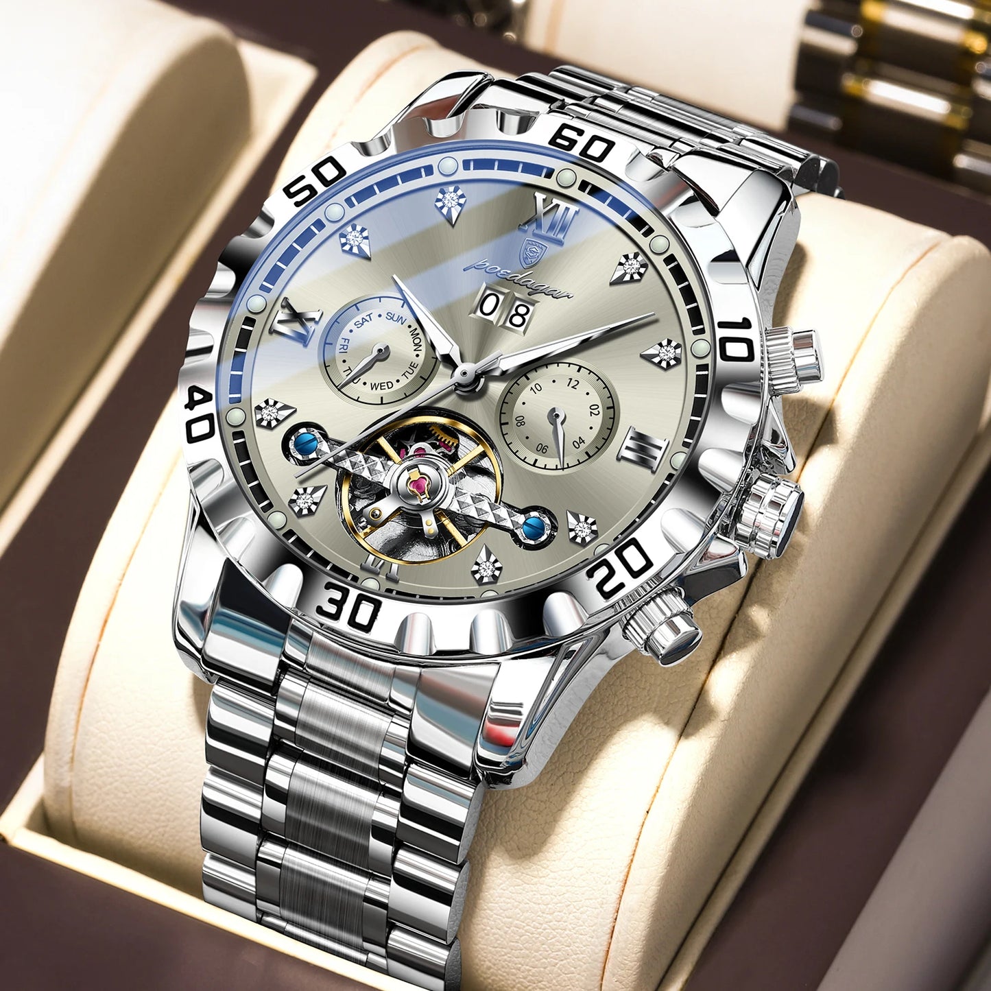POEDAGAR Automatic Hollow Dial Men's Watch - Date Week Mechanical