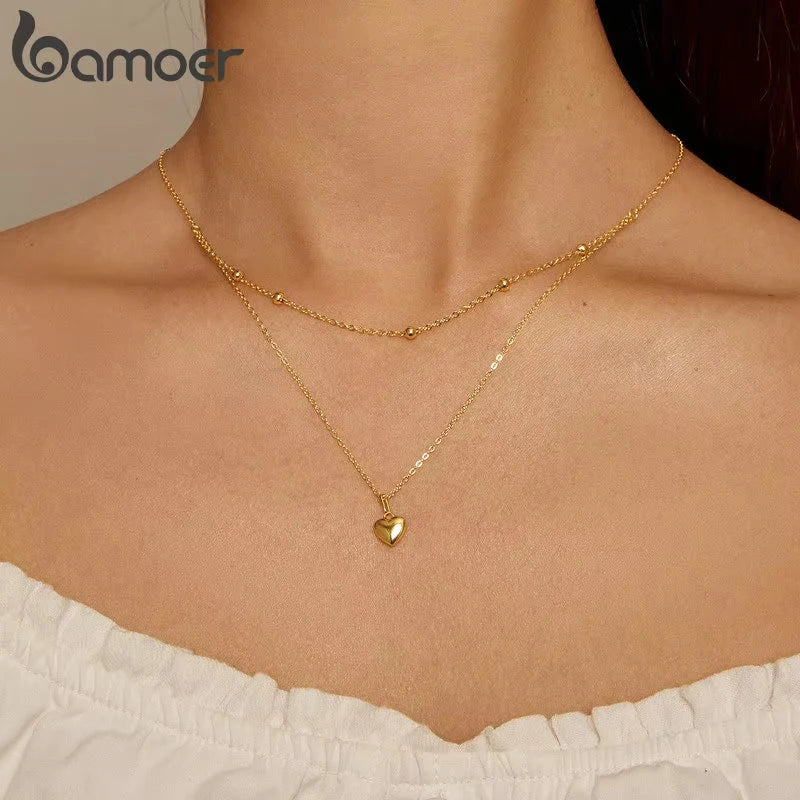 BAMOER 925 Sterling Silver Heart Necklace - Double Layer Choker