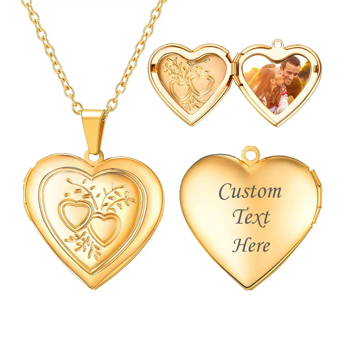 Custom Photo Heart Locket Necklace - Rose Embossed Memorial Jewelry