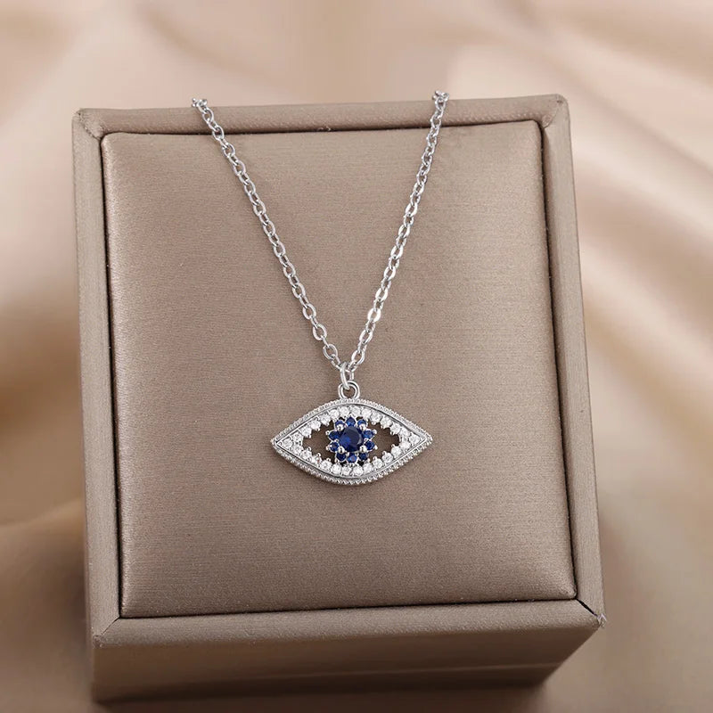 Zircon Evil Eye Pendant Necklace - Stainless Steel Protective Charm
