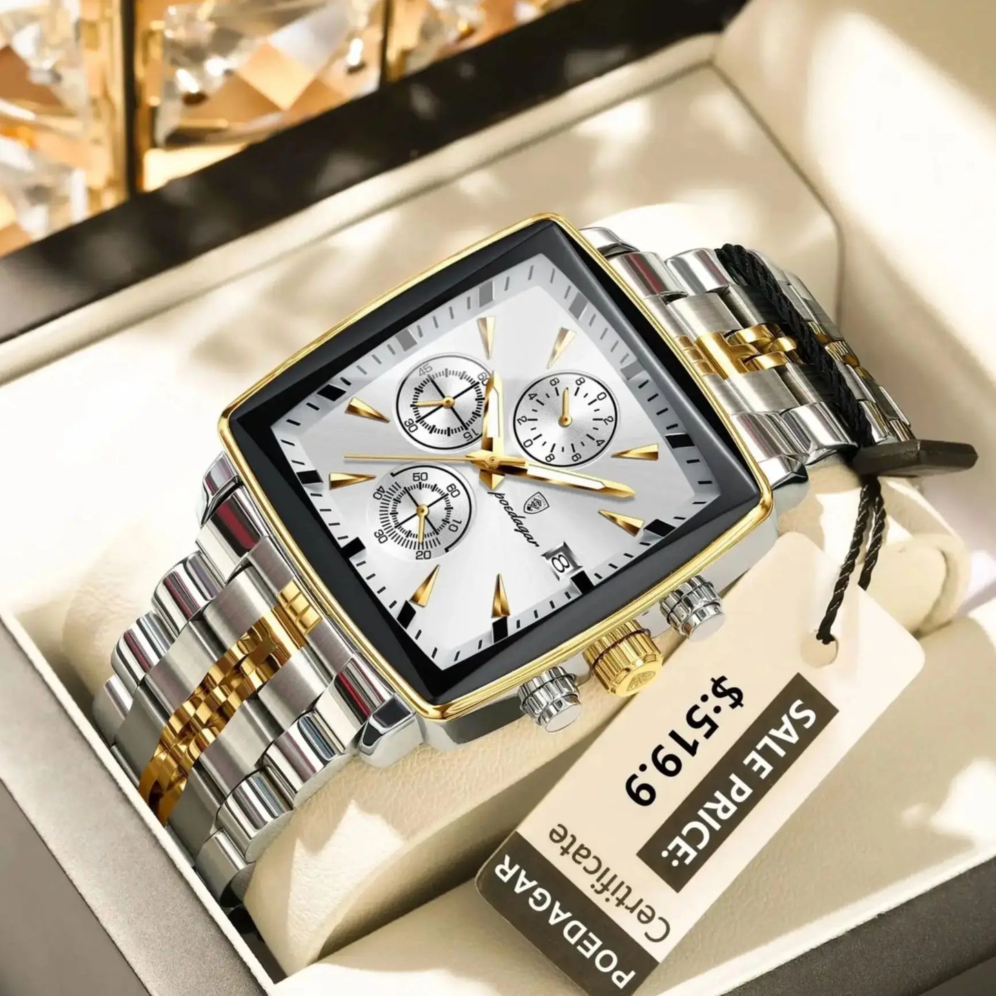 POEDAGAR Square Chronograph Men's Watch - Luminous Waterproof Quartz