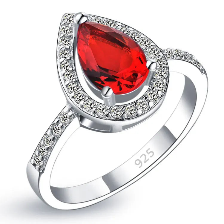 Red Crystal Wedding Jewelry Sets Water Drop Cubic Zirconia Stone 925 Sterling Silver Earrings Necklaces Finger Rings 6789